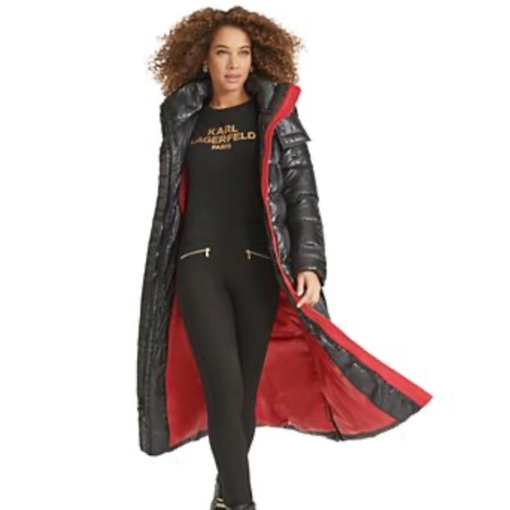 Karl Lagerfeld Black/Red Signature Script Lining Maxi Belted Long Puffer | M